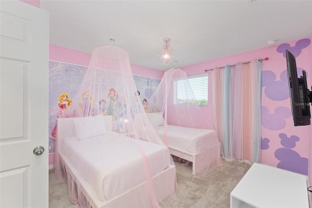 bedroom with light colored carpet