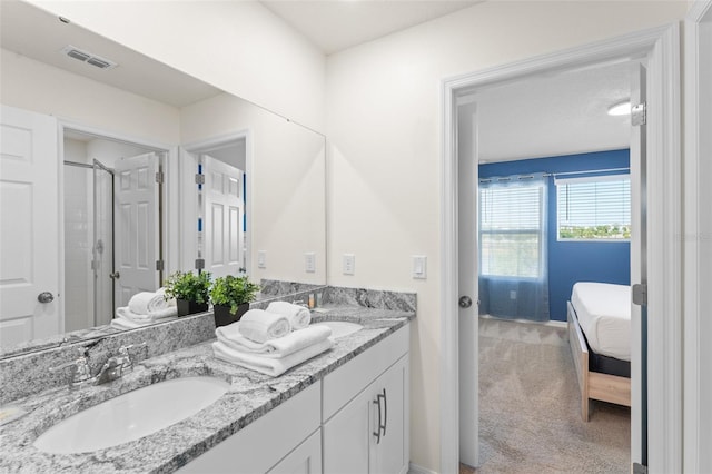 bathroom featuring a sink, ensuite bath, double vanity, an enclosed shower, and visible vents