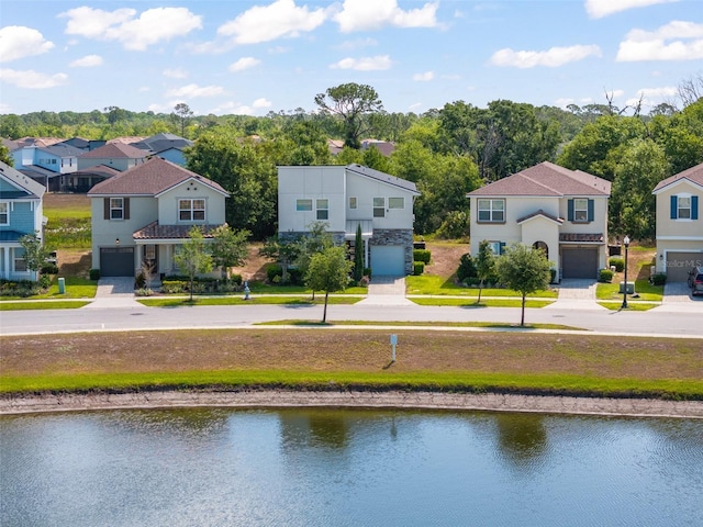 birds eye view of property featuring a residential view and a water view