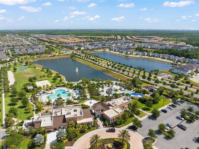 aerial view featuring a water view and a residential view