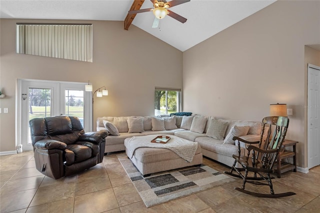 2710 Alabaster Ave, Orlando, FL 32833 - living room featuring french doors, baseboards, beamed ceiling, ceiling fan, and high vaulted ceiling