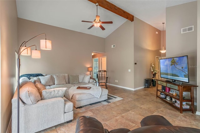 2710 Alabaster Ave, Orlando, FL 32833 - living room with visible vents, a ceiling fan, beam ceiling, baseboards, and high vaulted ceiling