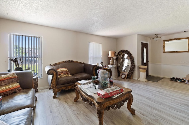 living room with a textured ceiling and light wood-type flooring