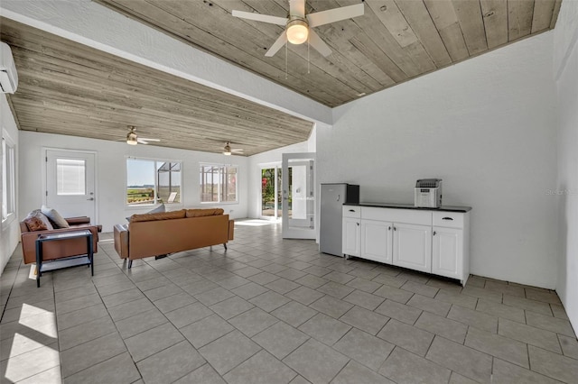 1003 Shore Dr, Kissimmee, FL 34744 - living room featuring a ceiling fan, vaulted ceiling, wooden ceiling, and light tile patterned flooring