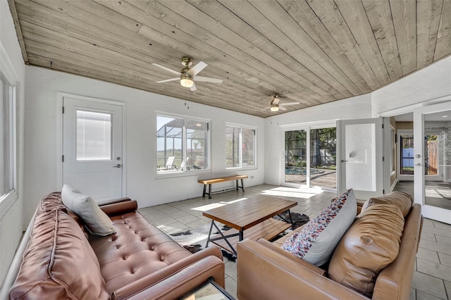 1003 Shore Dr, Kissimmee, FL 34744 - interior space featuring tile patterned flooring, ceiling fan, vaulted ceiling, and wooden ceiling