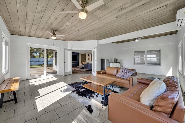 1003 Shore Dr, Kissimmee, FL 34744 - tiled living area with an AC wall unit, ceiling fan, and wooden ceiling