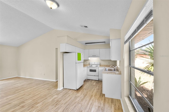 288 Howard Blvd, Longwood, FL 32750 - kitchen with a textured ceiling, light countertops, light wood finished floors, lofted ceiling, and white appliances