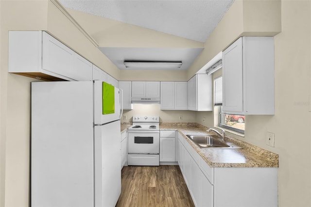 288 Howard Blvd, Longwood, FL 32750 - kitchen featuring white appliances, light countertops, under cabinet range hood, white cabinets, and a sink