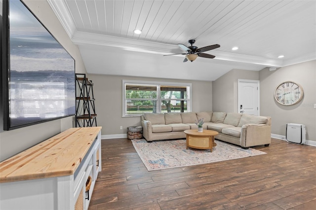 living room featuring dark wood finished floors, baseboards, recessed lighting, a ceiling fan, and crown molding