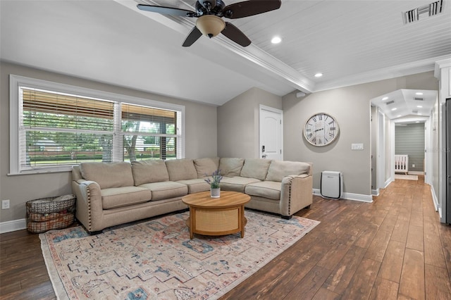 living area featuring baseboards, visible vents, recessed lighting, ceiling fan, and dark wood-type flooring