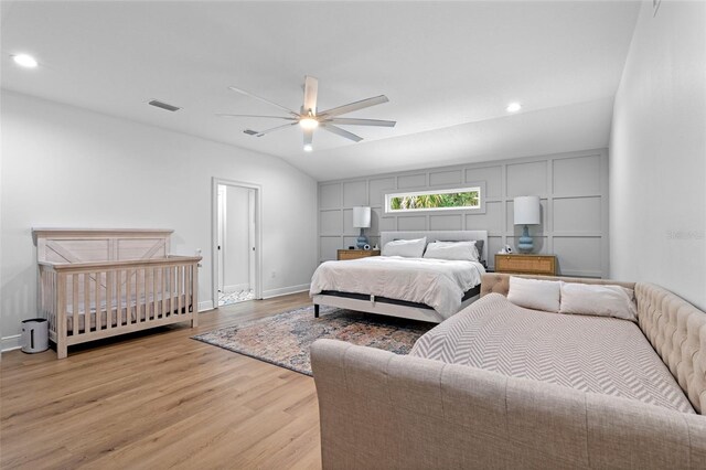 bedroom with light wood finished floors, baseboards, visible vents, and recessed lighting