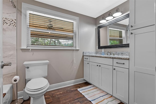 bathroom featuring toilet, baseboards, a healthy amount of sunlight, and wood finished floors