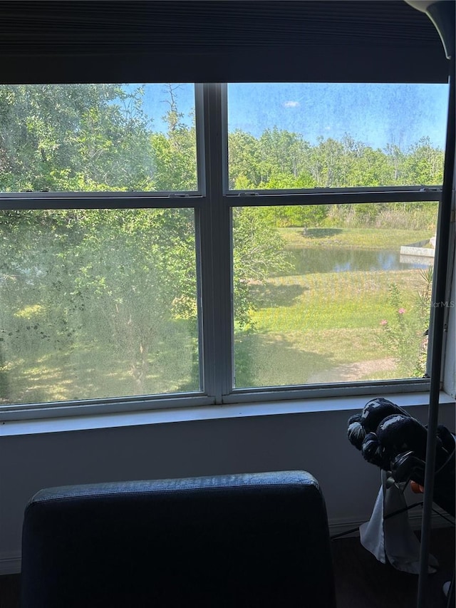 interior details with a water view