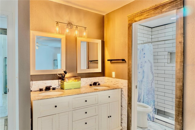 3328 Fox Rdg, Winter Haven, FL 33884 - bathroom featuring double vanity, curtained shower, marble look tiles, and a ceiling fan