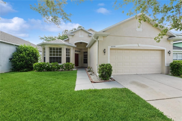 14208 Morning Frost Dr, Orlando, FL 32828 - ranch-style home with an attached garage, stucco siding, driveway, and a front lawn