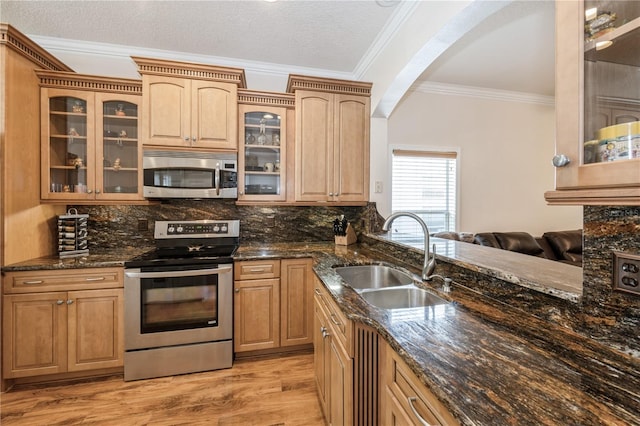 14208 Morning Frost Dr, Orlando, FL 32828 - kitchen with a sink, crown molding, decorative backsplash, arched walkways, and appliances with stainless steel finishes