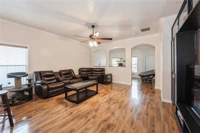 14208 Morning Frost Dr, Orlando, FL 32828 - living room with crown molding, light wood-type flooring, visible vents, ceiling fan, and arched walkways