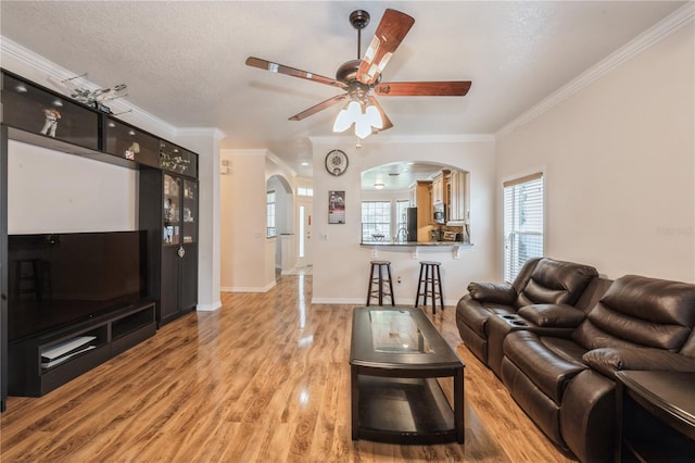 14208 Morning Frost Dr, Orlando, FL 32828 - living area featuring baseboards, ceiling fan, crown molding, wood finished floors, and arched walkways
