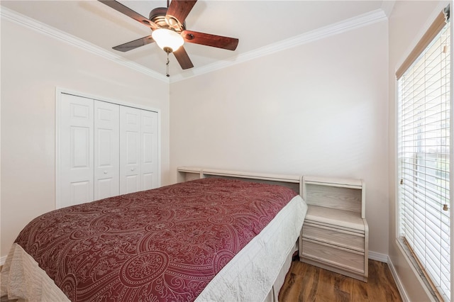 14208 Morning Frost Dr, Orlando, FL 32828 - bedroom featuring ceiling fan, a closet, crown molding, and wood finished floors