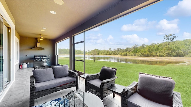 4002 Scarlet Branch Rd, Orlando, FL 32824 - sunroom / solarium with a water view, outdoor lounge area, a ceiling fan, and a wooded view