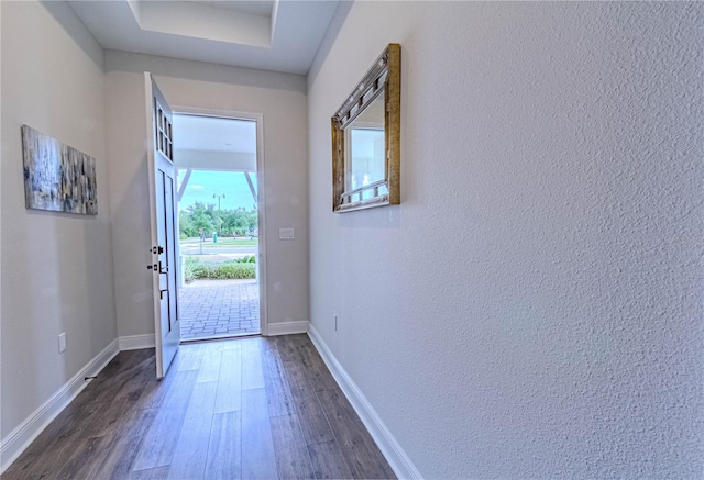 entryway with baseboards and dark wood-style flooring