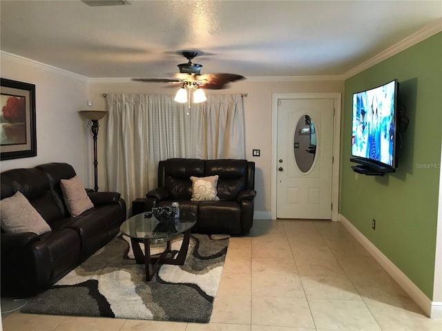 4251 Anthony Ln, Orlando, FL 32822 - living room with ceiling fan, baseboards, crown molding, and light tile patterned floors