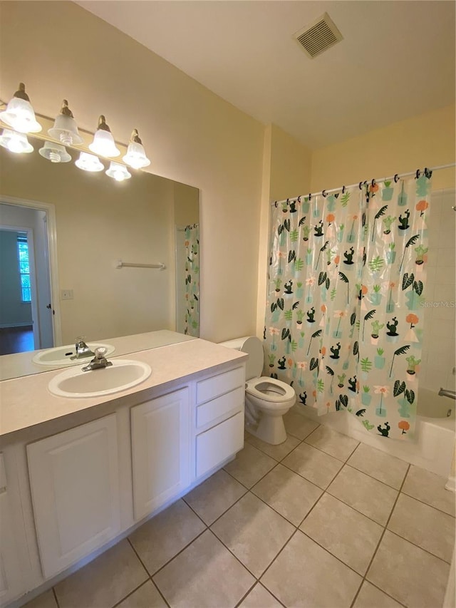full bathroom with toilet, visible vents, tile patterned flooring, shower / bathtub combination with curtain, and vanity