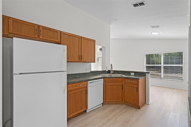 11460 Brown Quail Ct, Orlando, FL 32817 - kitchen featuring white appliances, a sink, dark countertops, light wood-style flooring, and brown cabinetry