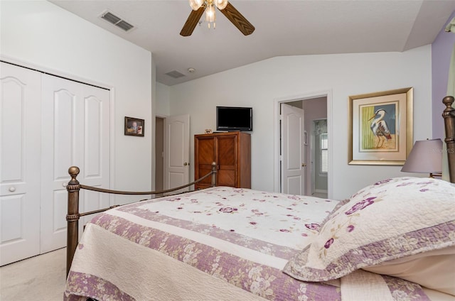 3321 San Jacinto Cir Unit 116, Sanford, FL 32771 - bedroom featuring vaulted ceiling, a closet, light colored carpet, and a ceiling fan