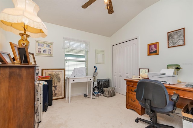 3321 San Jacinto Cir Unit 116, Sanford, FL 32771 - office featuring vaulted ceiling, light colored carpet, and a ceiling fan