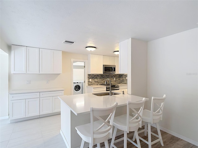 21940 Dupree Dr, Land O Lakes, FL 34639 - kitchen featuring visible vents, washer / clothes dryer, stainless steel microwave, tasteful backsplash, and a sink