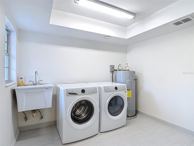 21940 Dupree Dr, Land O Lakes, FL 34639 - laundry area with electric water heater, laundry area, visible vents, a sink, and washer and clothes dryer
