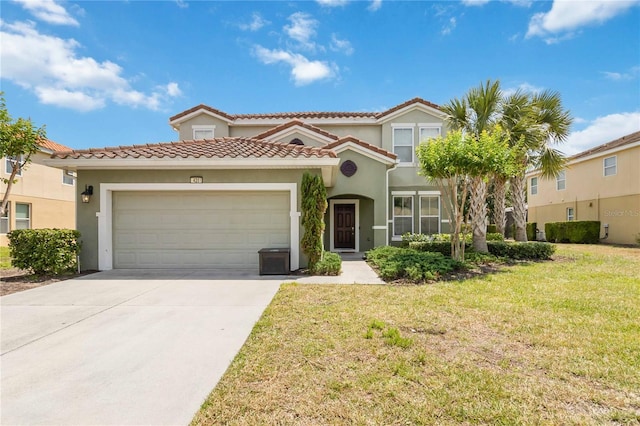 4201 Oakview Dr, Davenport, FL 33837 - mediterranean / spanish home featuring a tiled roof, a garage, a front lawn, concrete driveway, and stucco siding