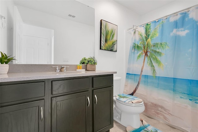 full bath featuring vanity, toilet, shower / tub combo, visible vents, and tile patterned flooring