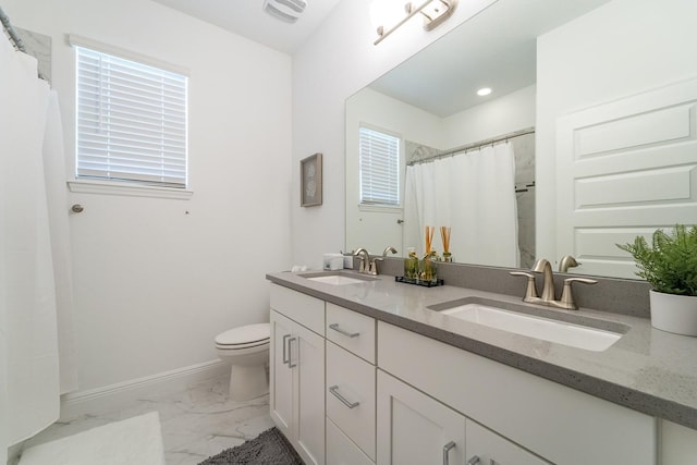 full bath with visible vents, marble finish floor, toilet, and a sink
