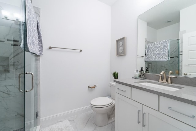 full bath featuring marble finish floor, baseboards, a marble finish shower, and toilet