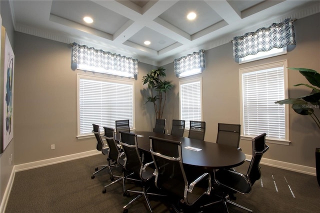 dining area featuring recessed lighting, carpet floors, baseboards, and coffered ceiling