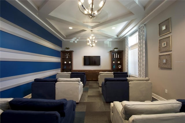 cinema featuring coffered ceiling, a notable chandelier, beam ceiling, and recessed lighting