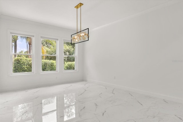 16500 Magnolia Terrace Blvd, Montverde, FL 34756 - unfurnished dining area with marble tiled flooring, baseboards, a chandelier, and crown molding