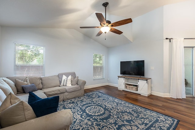 living room featuring ceiling fan, dark wood-style floors, baseboards, and lofted ceiling