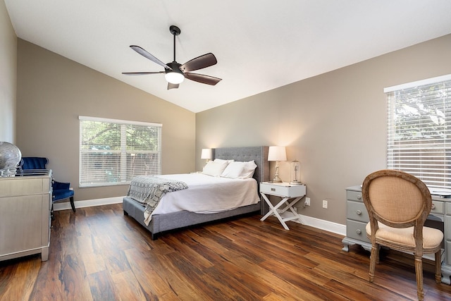 bedroom featuring baseboards, dark wood finished floors, ceiling fan, and lofted ceiling