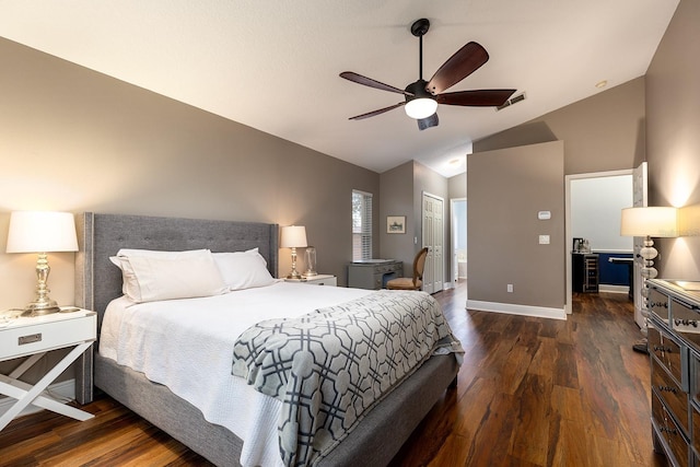 bedroom with a ceiling fan, visible vents, vaulted ceiling, baseboards, and dark wood-type flooring