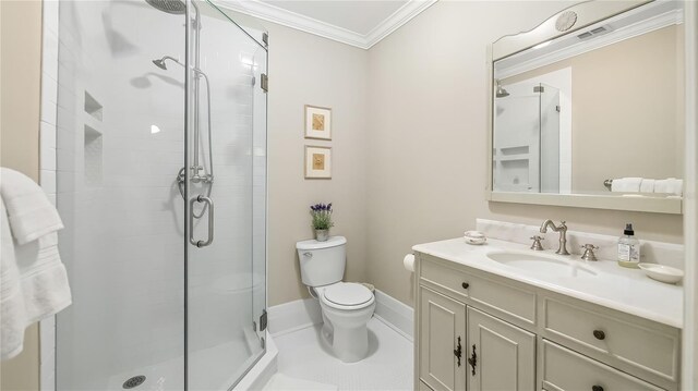 full bathroom featuring crown molding, vanity, visible vents, and a shower stall