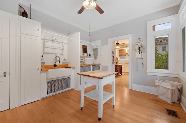kitchen with light wood-type flooring, a wealth of natural light, visible vents, and ceiling fan