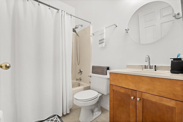 full bathroom with toilet, vanity, shower / bath combination with curtain, and tile patterned floors