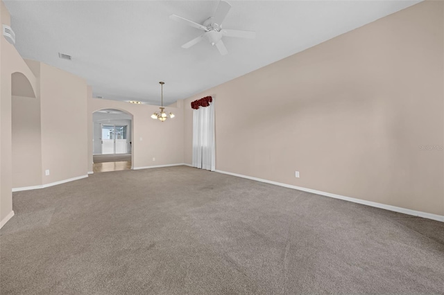1868 Rachels Ridge Loop Unit L, Ocoee, FL 34761 - carpeted spare room with arched walkways, a ceiling fan, a chandelier, and lofted ceiling