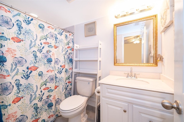 full bathroom featuring toilet, curtained shower, and vanity