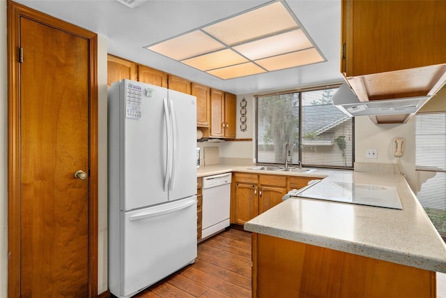 1105 Mill Run Cir, Apopka, FL 32703 - kitchen featuring white appliances, light countertops, wood finished floors, a sink, and under cabinet range hood