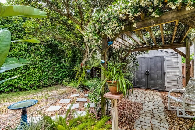 view of yard with a pergola, a storage unit, an outdoor structure, and a patio area