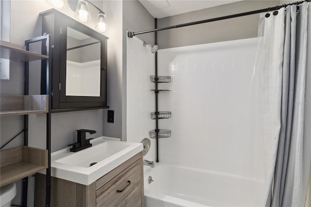 bathroom featuring vanity and shower / tub combo with curtain